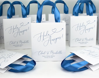 30 Dusty Blue Wedding Welcome Bags with satin ribbon handles and your names. Hola Amigos! Mexico wedding gifts and favors for guests
