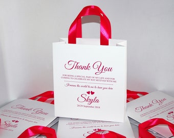 25 Bat Mitzvah favors bags, Personalized Thank You gift bags for your guests Party Welcome Bags with pink satin ribbon handles and your name