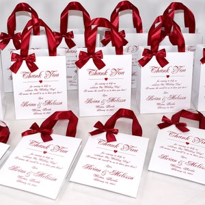 25 Wedding Thank You Bags with Burgundy satin ribbon handles, bow and print, Elegant Personalized Welcome Bag for favors for hotel guests image 4