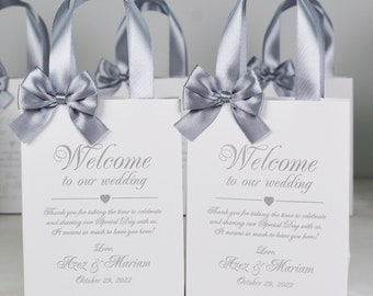 25 Silver Wedding Welcome Bags: Custom Printed Gift Bags with Satin Ribbon