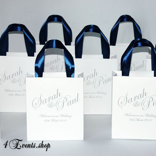 40 Wedding Welcome Bags with Navy Blue hotsell satin ribbon handles and Silver names - Personalized wedding gifts and favors for guests Wedding bags