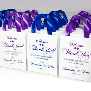 35 Wedding Welcome Bags with satin ribbon handles and Gold names, Elegant Personalized purple wedding Thank You gifts & favors for guests