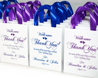Personalized Wedding Welcome Bags with Satin Ribbon & Gold Print