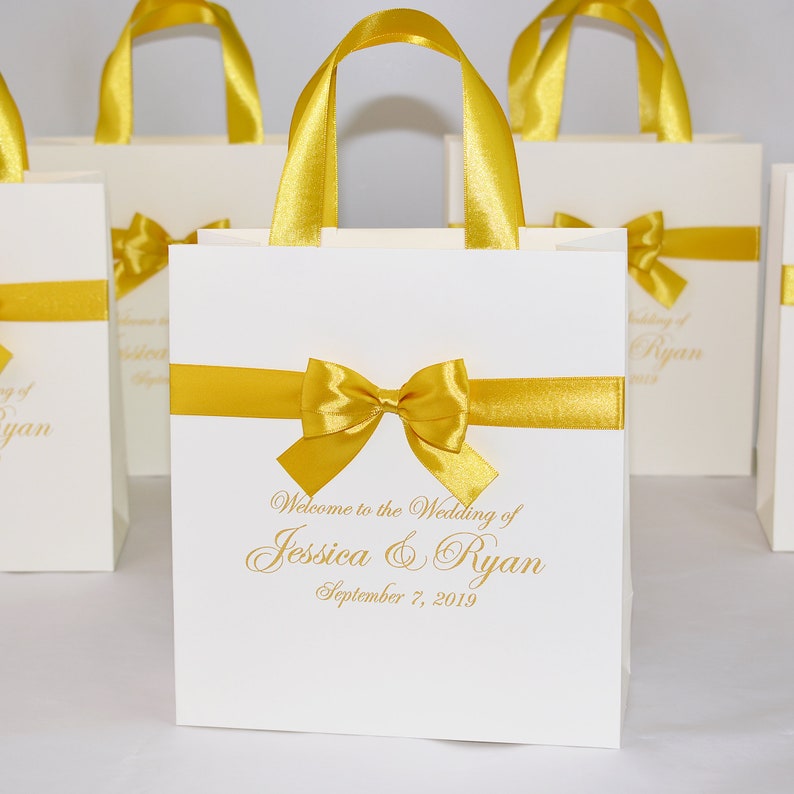 25 Ivory & Gold Wedding Welcome Bags With Ribbon Handles Bow - Etsy