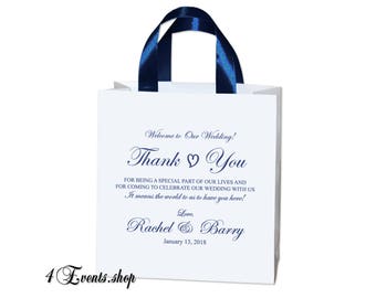 25 Wedding Welcome Bags with satin ribbon handles and your names - Navy Blue wedding thank you gifts and favors for your guests