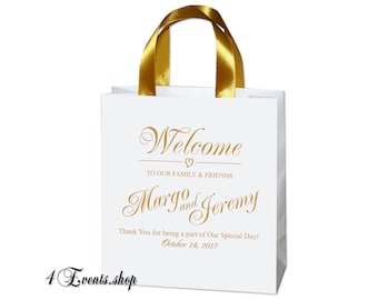 25 gold Wedding Willkommen Taschen mit Satinband Griffe und Ihre Namen - elegante personalisierte Hochzeitsgeschenke und Gastgeschenke für Ihre Gäste
