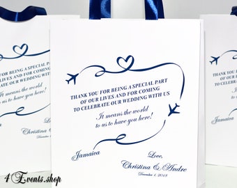 25 Destination Wedding Welcome Bags with satin ribbon handles, Elegant travel theme gifts & favors for your guests Come Fly Away with us