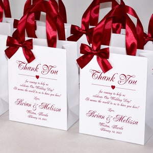25 Wedding Thank You Bags with Burgundy satin ribbon handles, bow and print, Elegant Personalized Welcome Bag for favors for hotel guests image 1