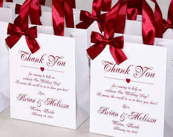 25 Personalized Wedding Thank You Bags: Burgundy Ribbon Handles