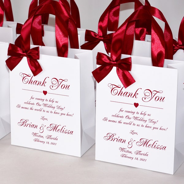 25 Wedding Thank You Bags with Burgundy satin ribbon handles, bow and print, Elegant Personalized Welcome Bag for favors for hotel guests