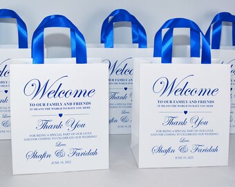 Personalized Wedding Welcome Bags, Royal Blue Ribbon, Set of 30