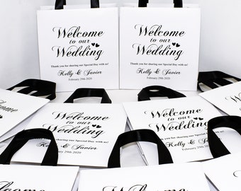 20 Elegante Willkommenstaschen zur Hochzeit mit Satinband Griffen und Ihren Namen, Personalisierte Hochzeit Dankesgeschenke & Gastgeschenke für Gäste