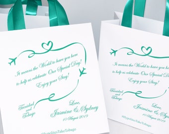 20 Destination Wedding Welcome Bags with Mint satin ribbon handles and hashtag. Elegant travel theme gifts & favors for guests Come Fly Away