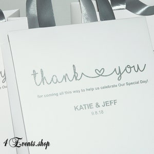 35 silver wedding thank you bags with satin ribbon handles and your names, wedding favor bags for guests, Silver Wedding welcome bags