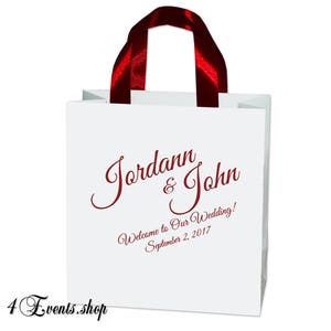 30 bolsas de bienvenida boda con cinta de raso y sus nombres - personalizados boda gracias regalos y favores para invitados - boda Burdeos