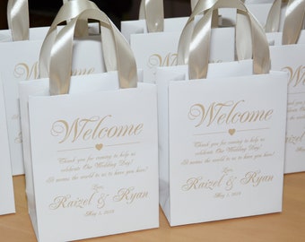 25 welkomsttassen voor champagnehuwelijken met satijnen linthandvatten en uw namen, elegante gepersonaliseerde huwelijksbedankjes voor uw gasten