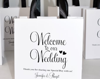 25 Wedding Welcome Bags with satin ribbon handles and your names, Elegant Personalized wedding gifts and favors for your guests