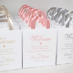 30 Wedding Welcome Bags with satin ribbon handles and your names, Elegant Personalized wedding Thank You gifts & favors for guests