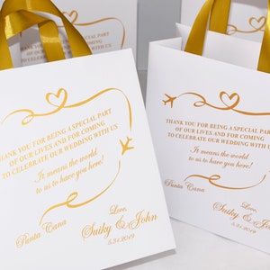 35 Goldene Hochzeits-Willkommenssäckchen mit Satinbandgriffen, Come Fly Away mit uns, Elegante personalisierte Hochzeits-Gastliebe für Gäste