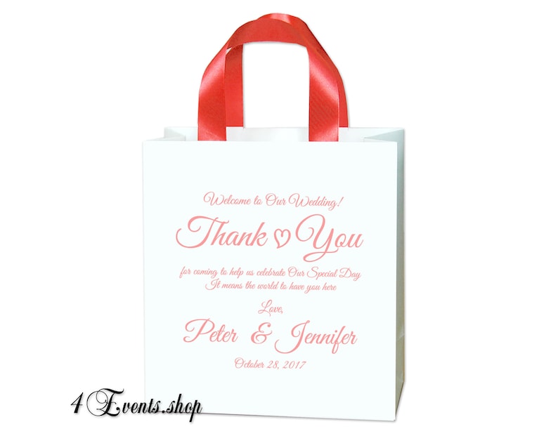 Elegant custom print Personalized wedding gifts and favors for hotel guests 35 Coral Wedding Welcome Bags with satin ribbon and your names