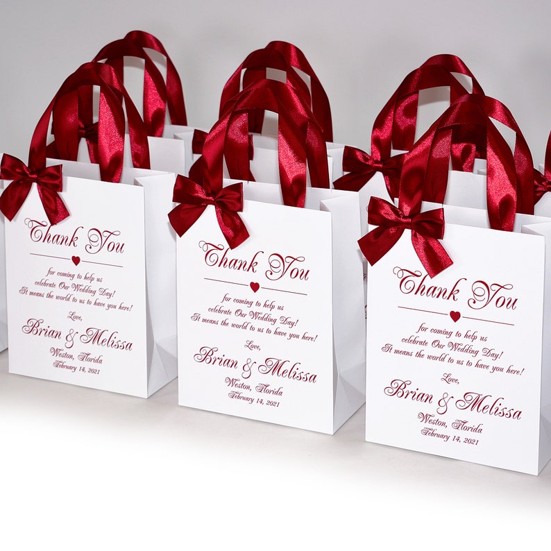 25 Wedding Thank You Bags with Burgundy satin ribbon handles, bow and print, Elegant Personalized Welcome Bag for favors for hotel guests image 3