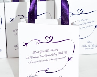 30 Destination Wedding Welcome Bags with Purple satin ribbon handles and your names Elegant personalized gifts and favors for wedding guests