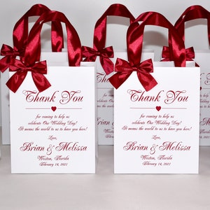 25 Wedding Thank You Bags with Burgundy satin ribbon handles, bow and print, Elegant Personalized Welcome Bag for favors for hotel guests image 5