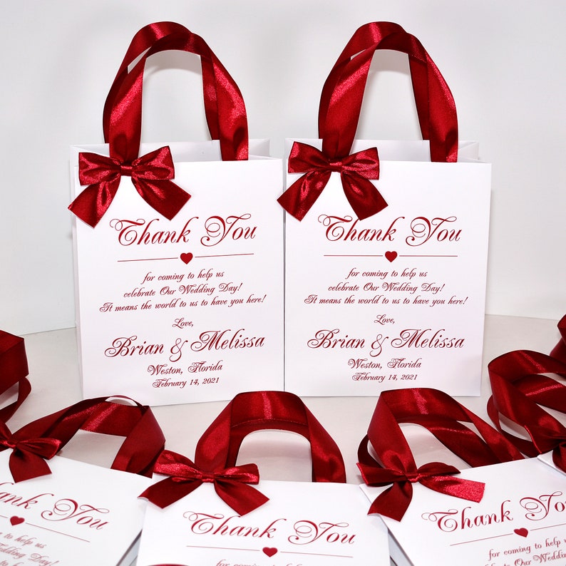 25 Wedding Thank You Bags with Burgundy satin ribbon handles, bow and print, Elegant Personalized Welcome Bag for favors for hotel guests image 2