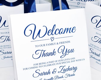 25 Navy Blue Wedding Welcome Bags with satin ribbon handles and your names, Elegant Personalized wedding gifts and favors for your guests