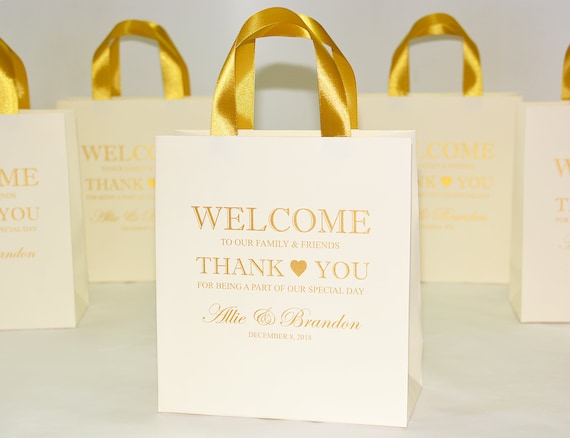 Personalized Ivory Wedding Welcome Bags, Gold Ribbon Handles, Set of 25
