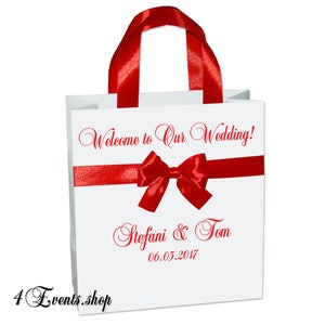 Willkommen bei unserer Hochzeit - Willkommenstaschen mit roten Satinbandgriffen, Schleife und Ihren Namen - Elegante Hochzeitsgeschenke und Gastgeschenke
