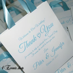 25 Thank you Wedding Welcome Bags with satin ribbon handles and your names - Elegant personalized wedding gifts and favors for guests
