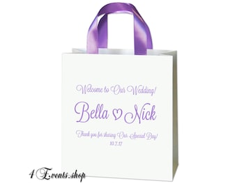 Personalized Wedding Welcome Bags – Elegant White Paper, Lavender Ribbon, Set of 20