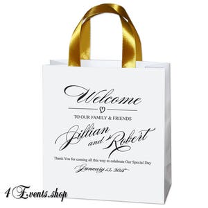 35 Wedding Welcome Bags with satin ribbon handles and custom names - Elegant Black & Gold Personalized wedding gifts and favors for guests