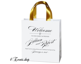Personalized Wedding Welcome Bags – Black & Gold, Satin Ribbon – Set of 35