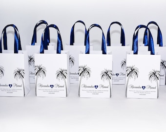Personalized Tropical Wedding Welcome Bags, Navy Blue Ribbon Handles (Set of 20)