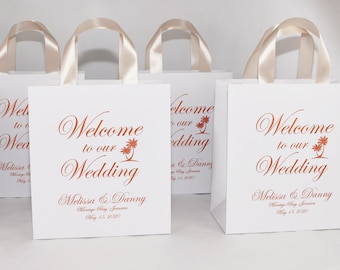 25 Destination Wedding Welcome Bags with satin ribbon handles. Tropical wedding favor. Elegant Rose Gold Personalized gifts for guests
