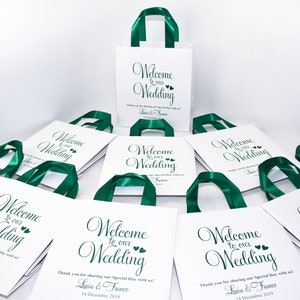 20 Wedding Welcome Bags with satin ribbon handles and your names, Emerald Green Personalized wedding Thank You gifts & favors for guests