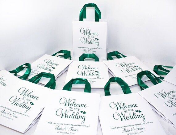 Emerald Green Wedding Welcome Bags, Personalized Ribbon Handles, Favors (Set of 20)