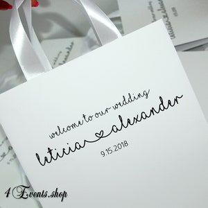 20 Wedding Welcome Bags with satin ribbon handles and your names, Personalized wedding gifts and favors for guests, Welcome to our wedding