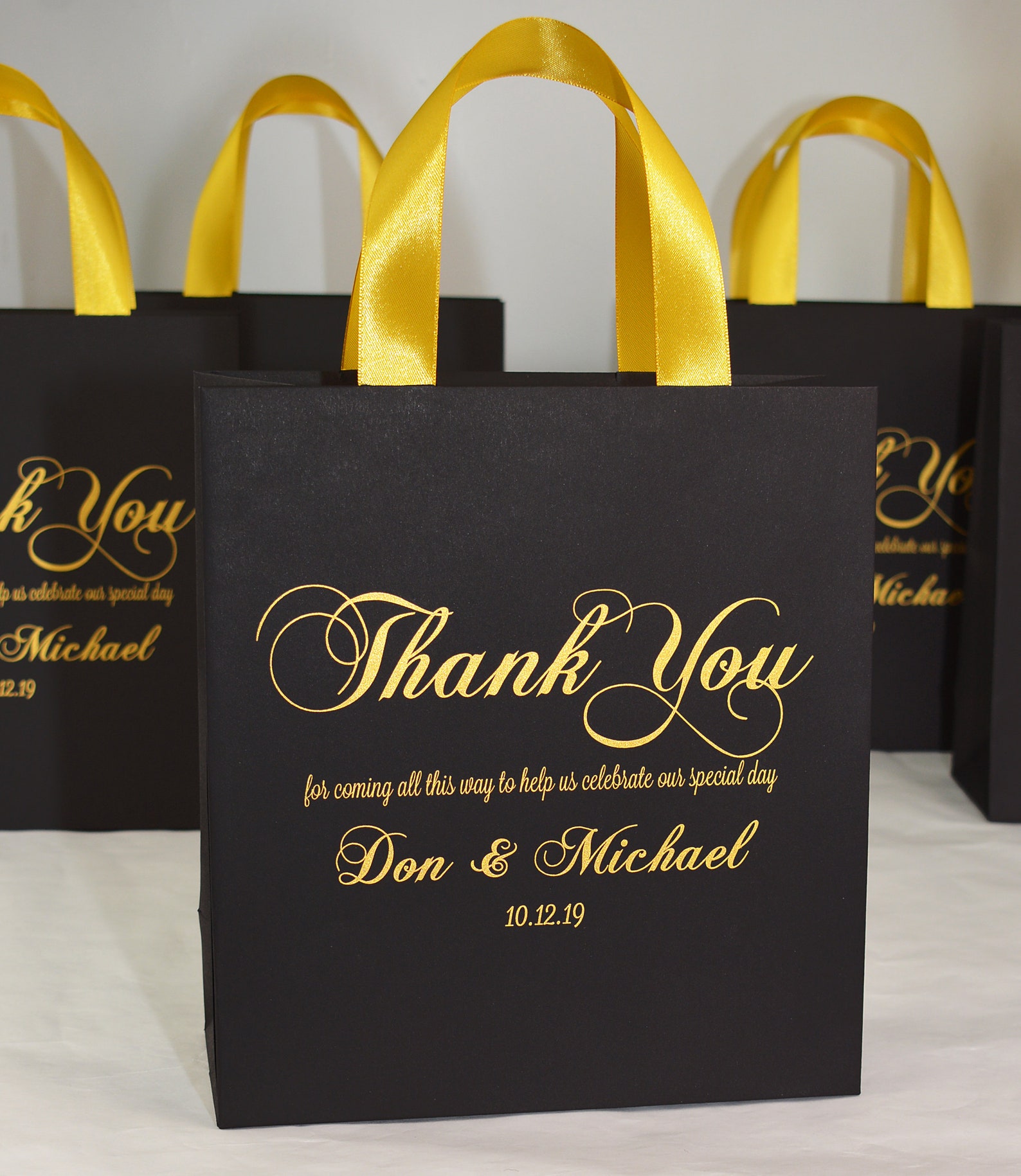 Personalized Black & Gold Thank You Bags – Wedding Favor With Ribbon ...