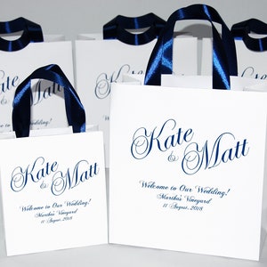 30 wedding welcome bags with satin ribbon handles and your names, Navy Blue Personalized Wedding welcome gifts and favors for guests