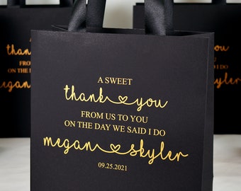 Personalized Black & Gold Wedding Favor Bags, Satin Ribbon Handles, Set of 30