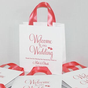 25 Coral Wedding Welcome Bags with satin ribbon handles and your names, Elegant Personalized wedding Thank You favors for your guests