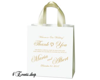 35 Wedding Willkommen Taschen mit Elfenbein Satin Band Griffe und Gold-Namen - elegante personalisierte Hochzeit danken Ihnen Geschenke und Gefälligkeiten für Gäste