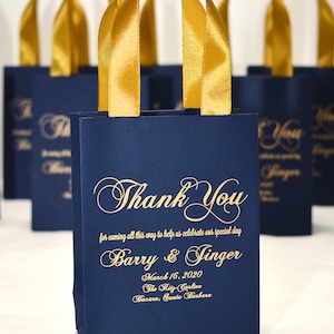 20 Navy Blue & Gold Wedding Welcome Bags with satin ribbon handles and names, Personalized wedding Thank You gifts and favors for guests