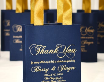 20 Navy Blue & Gold Wedding Welcome Bags with satin ribbon handles and names, Personalized wedding Thank You gifts and favors for guests