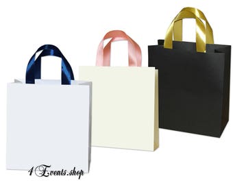 Blank Paper Gift Bags with any color satin ribbon handles - Elegant Wedding or Party gifts and favors for your guests