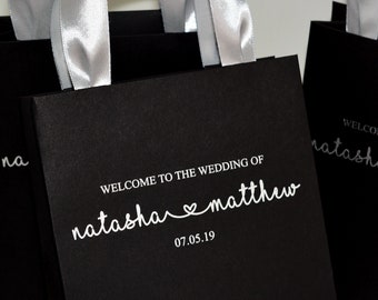 35 Wedding Welcome Bags with Silver satin ribbon handles and your names, Elegant Personalized wedding gifts & favors for guests, goodie bags