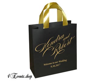 Chic Black and Gold Wedding Welcome Bag with satin ribbon handles and your names - Welcome to Our Wedding - Elegant favors for guests